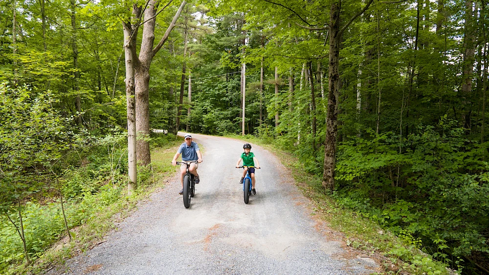 Two people are riding bicycles on a winding path through a lush, green forest. The scene appears peaceful and serene.