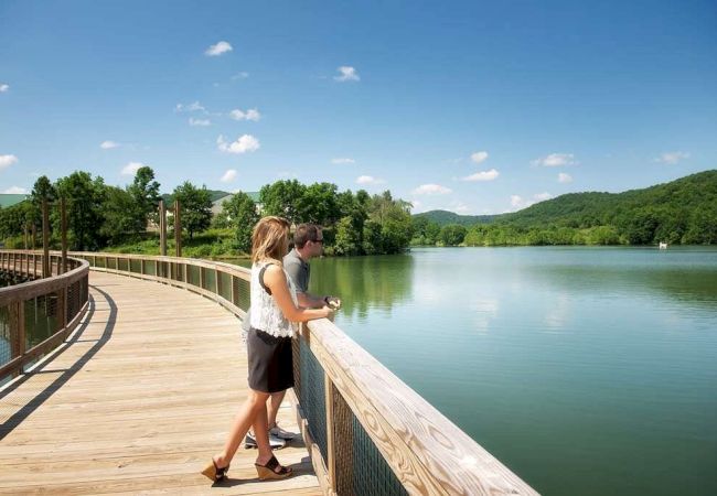 A couple stands on a wooden walkway overlooking a serene lake, surrounded by lush greenery and hills under a clear blue sky.