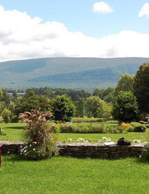 A peaceful garden scene with colorful chairs, lush greenery, flowers, and a mountain view in the background.