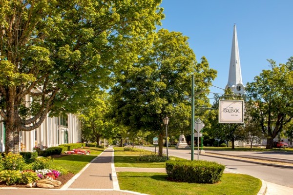 A peaceful street scene with trees, a church steeple, and a sidewalk in a small town or village on a sunny day.