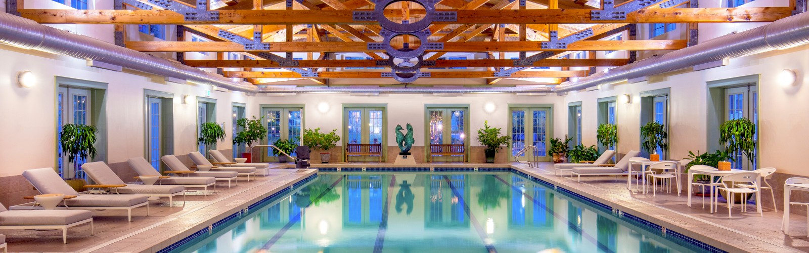 An indoor swimming pool area with lounge chairs, lush plants, and a high wooden ceiling featuring metal braces and large windows.