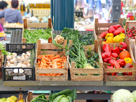 Fresh vegetables including garlic, carrots, leafy greens, bell peppers, and tomatoes are displayed at an outdoor market.
