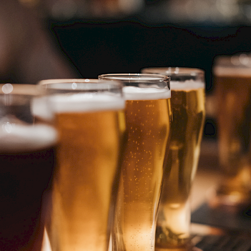 Several glasses of beer lined up on a table, likely at a social gathering or pub, with a warm, blurry background.
