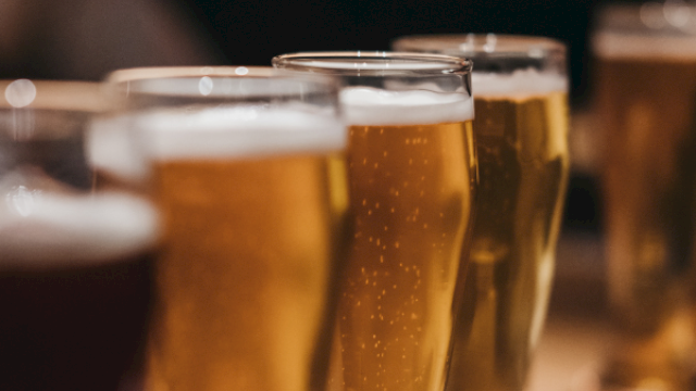 Several glasses of beer lined up on a table, likely at a social gathering or pub, with a warm, blurry background.