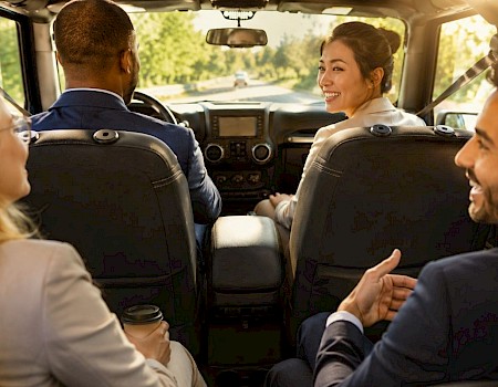 A group of five diverse professionals is happily chatting and smiling during a car ride on a sunny day.