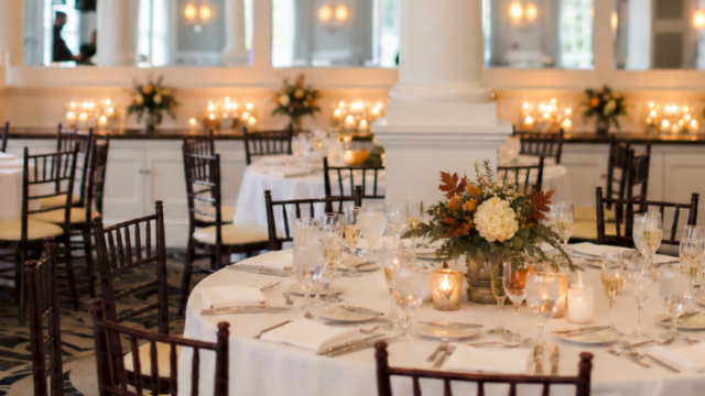 This image shows an elegant banquet hall decorated for a special event with round tables, floral centerpieces, and warm lighting.