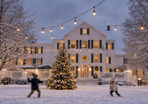 Children playing in the snow in front of a decorated house with Christmas lights, a Christmas tree, and snow-covered trees at dusk.