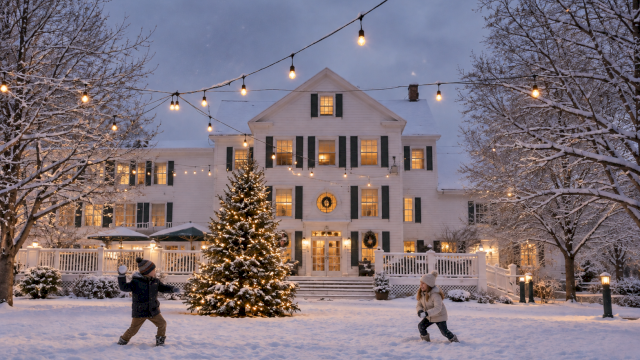 Children playing in the snow in front of a decorated house with Christmas lights, a Christmas tree, and snow-covered trees at dusk.