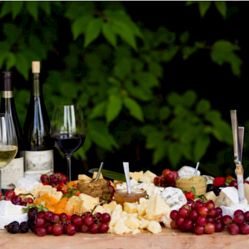 A cheese and fruit platter with wine, featuring grapes, cheeses, and bottles of wine on a wooden table outdoors.