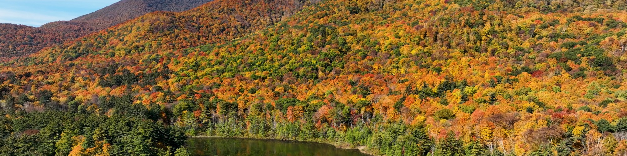 A scenic autumn landscape with colorful foliage, a small lake, and forested mountains in the background under a clear blue sky, ending the sentence.