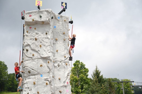 Two individuals are climbing an artificial rock wall outdoors. One is climbing higher than the other. Trees and a cloudy sky are in the background.