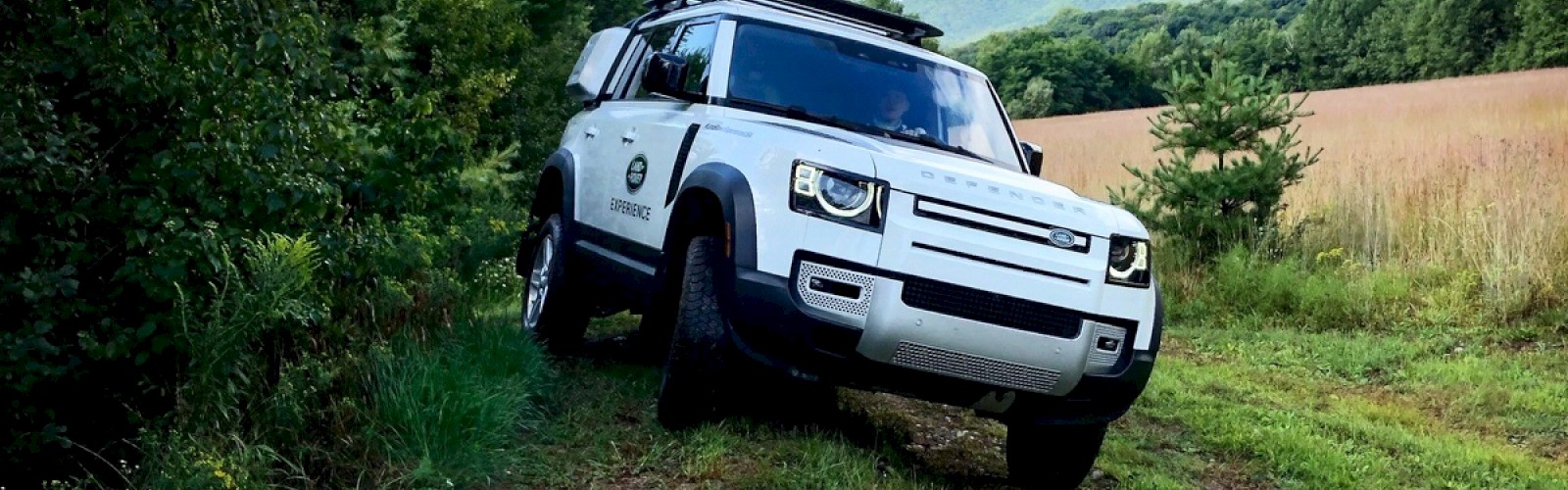 The image shows a white off-road vehicle driving through a grassy area surrounded by trees and hills in the background.