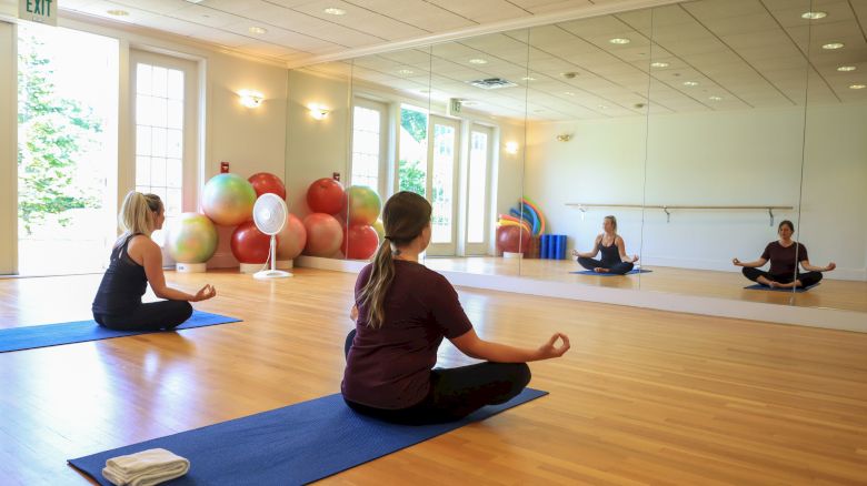 Two individuals are practicing yoga in a bright, spacious room with large mirrors, surrounded by exercise balls and yoga mats.