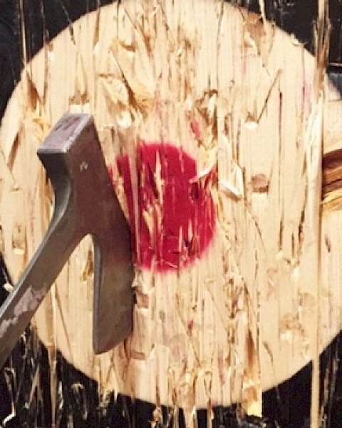 The image shows a close-up of an axe embedded in the center of a wooden target, indicating a successful throw.