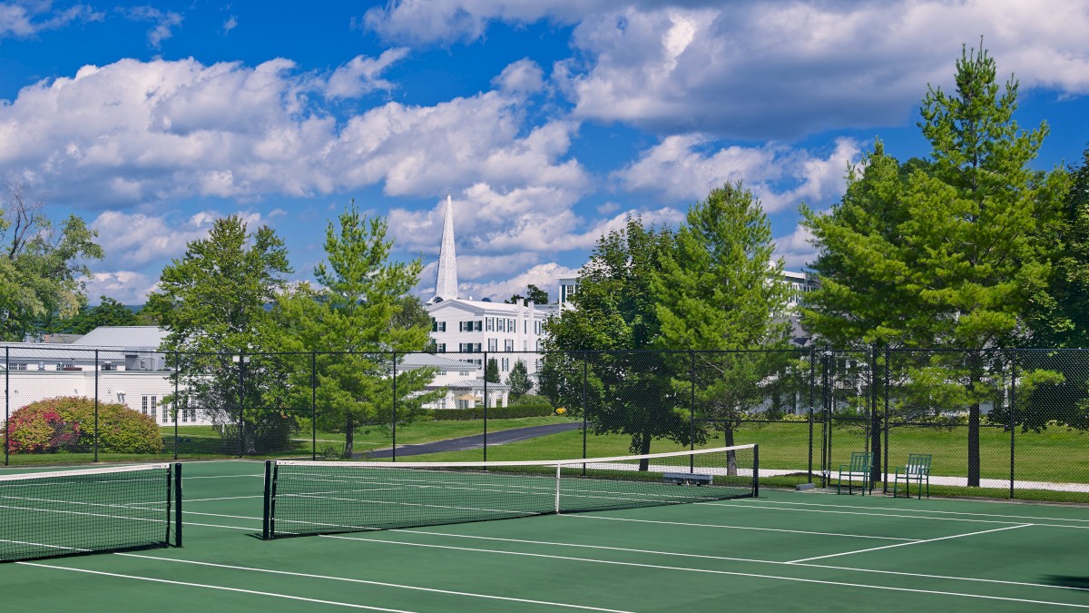 The image shows a green outdoor tennis court with a backdrop of a white building, lush green trees, and a cloudy blue sky in the background.