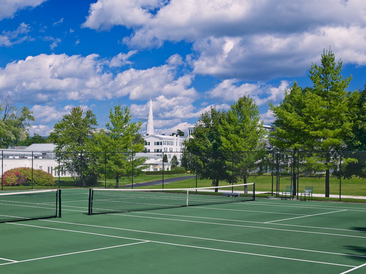 The image shows a green outdoor tennis court with a backdrop of a white building, lush green trees, and a cloudy blue sky in the background.