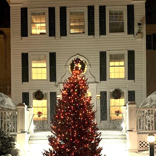 The image shows a festive Christmas tree adorned with lights in front of a brightly lit, multi-story house at night, creating a holiday scene.