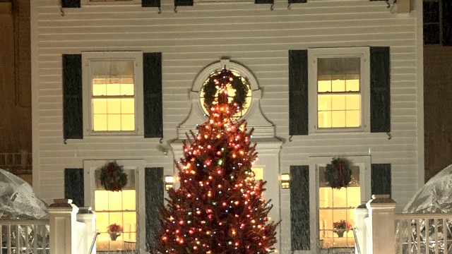 The image shows a festive Christmas tree adorned with lights in front of a brightly lit, multi-story house at night, creating a holiday scene.