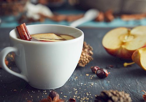 A white cup of spiced tea with apple slices and cinnamon sticks, surrounded by half-cut apples, dried cranberries, and spices on a table.