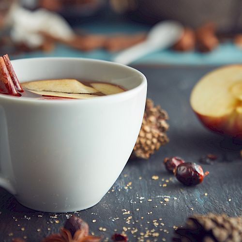 A white cup of spiced tea with apple slices and cinnamon sticks, surrounded by half-cut apples, dried cranberries, and spices on a table.