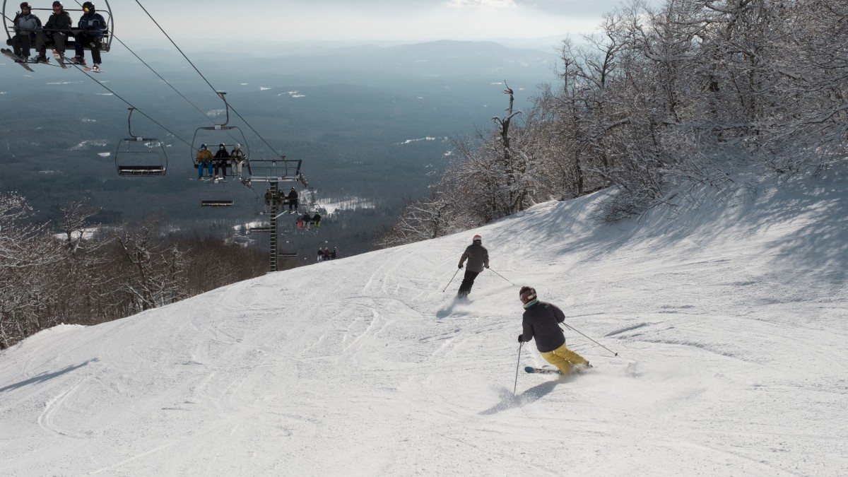 Two people skiing down a snowy slope with several others on a chairlift above, surrounded by snow-covered trees and distant mountains.