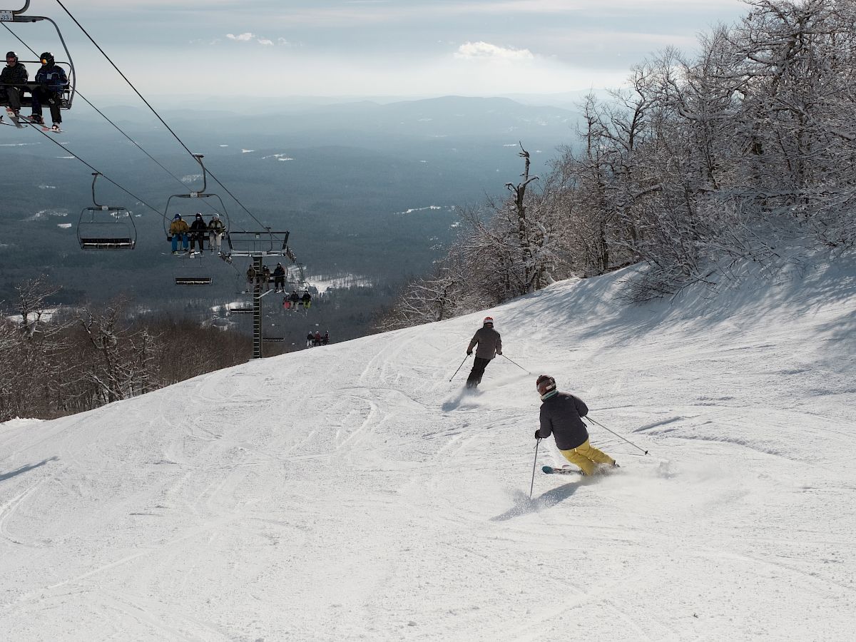 Two people skiing down a snowy slope with several others on a chairlift above, surrounded by snow-covered trees and distant mountains.