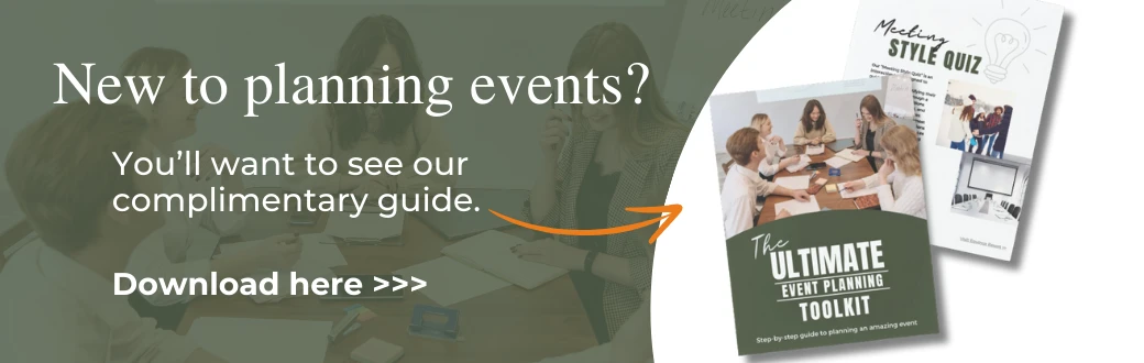 The image is a promotional banner offering a complimentary guide for new event planners, with a "Download here >>>" button and an arrow pointing to it.