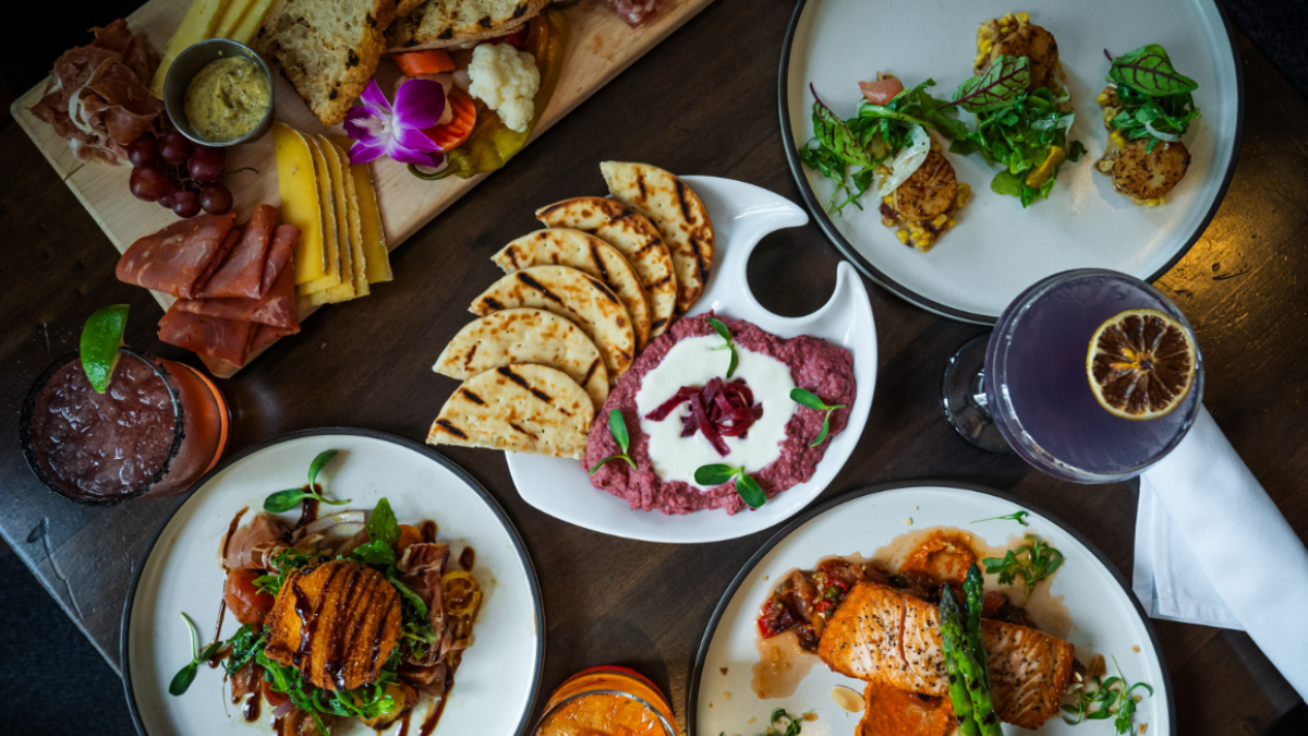 An overhead photograph of drinks and beverages at Falcon Bar.