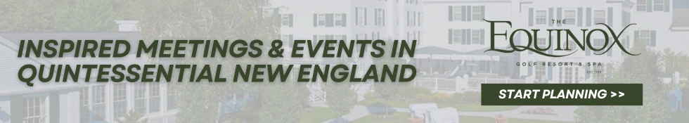 An advertisement for The Equinox Golf Resort & Spa promoting "Inspired Meetings & Events in Quintessential New England" with a "Start Planning" button.