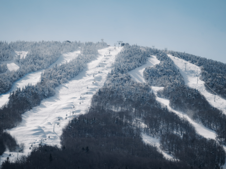 A snowy ski resort with multiple ski trails running down a mountainside, surrounded by frosty trees under a clear blue sky.