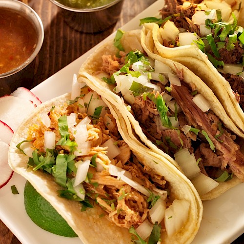 Three tacos with various meats, topped with cilantro and onions, served with sliced radishes and two small bowls of salsa.