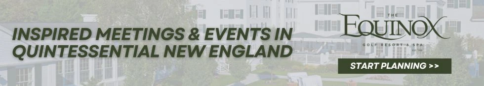 An ad for The Equinox Golf Resort & Spa promoting meetings and events in New England with a "Start Planning" button.