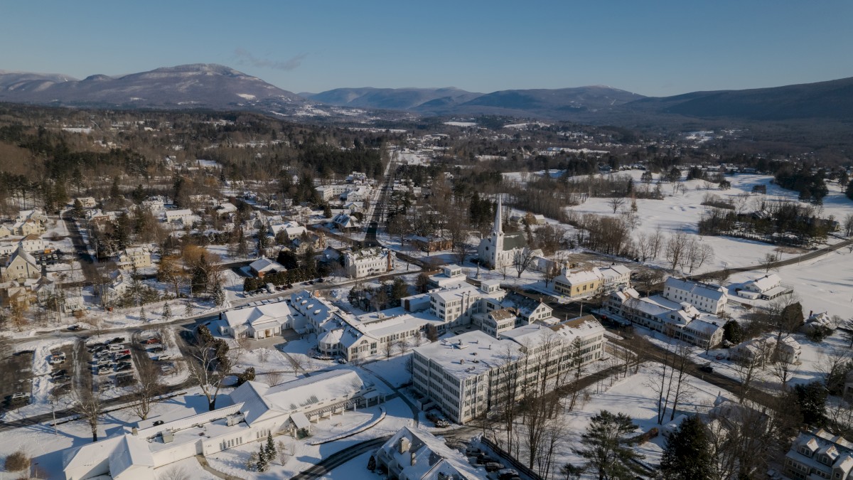 Image of snowy Manchester, Vermont. Ariel view of buildings and snowy landscaping.