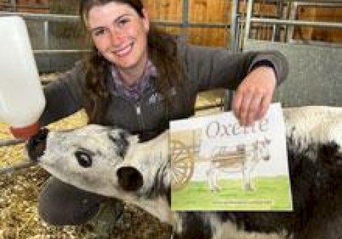 A person feeds a calf with a bottle while holding a book titled 