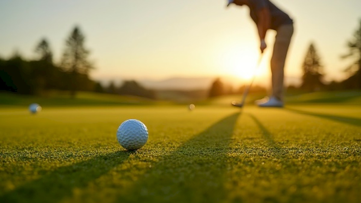 A golfer putts on a sunny course, with a golf ball in the foreground casting a shadow on the green grass.