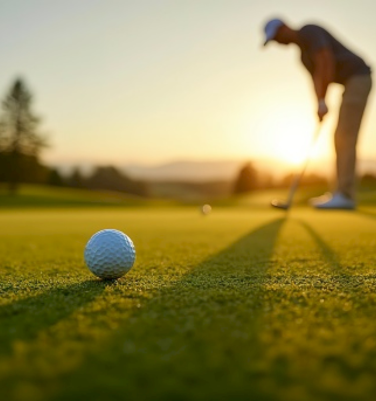 A golfer putting on a sunlit green, with a golf ball and shadows stretching towards the setting sun in a serene landscape.