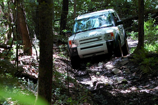 A white SUV is navigating through a dense, forested off-road trail surrounded by trees and greenery in the image shown.