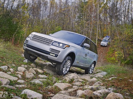 Two SUVs navigate a rocky off-road terrain surrounded by trees and greenery in a forested area.