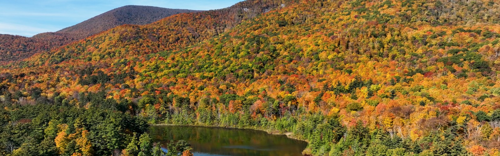 A scenic view of a forested mountain landscape in autumn, with colorful foliage and a small lake nestled among the trees.