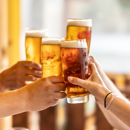 Four hands are toasting with glasses of beer, creating a cheerful and festive atmosphere.