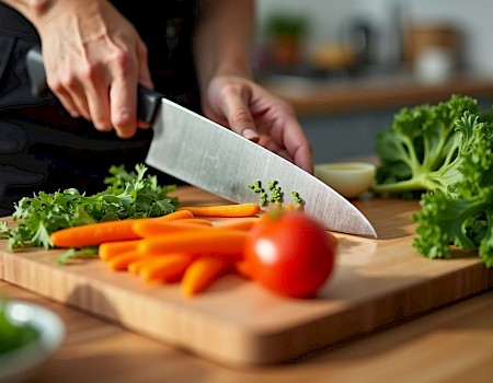 A person is chopping vegetables on a wooden board, including carrots and herbs, next to broccoli and a tomato, in a kitchen setting.