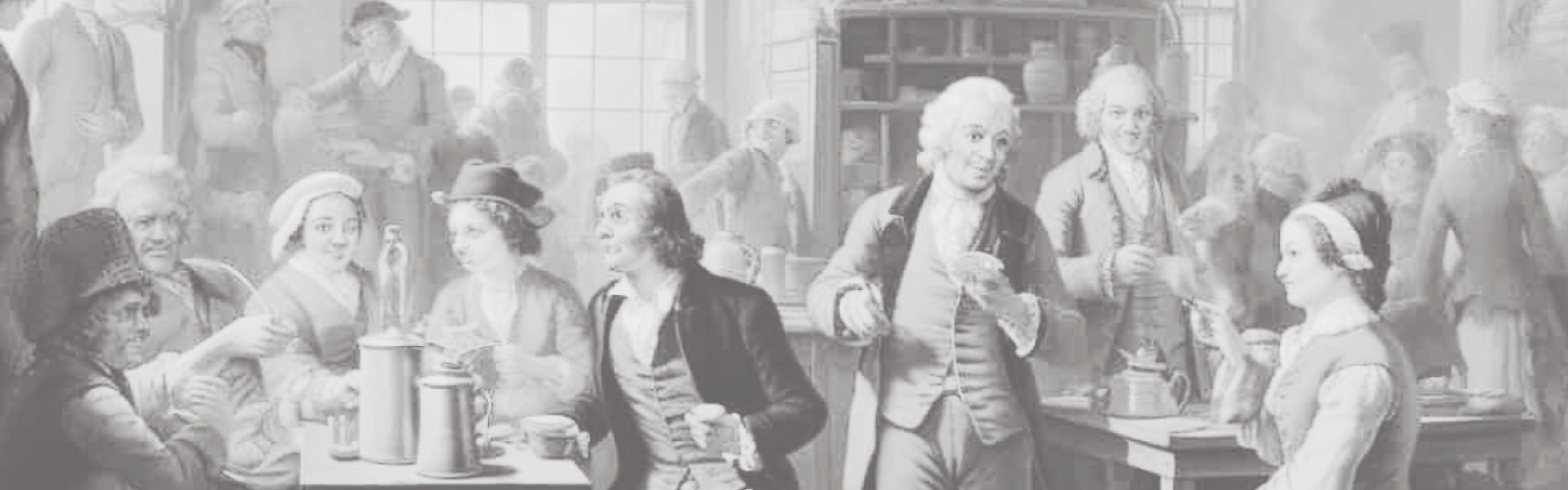 A lively scene in a historic coffeehouse with people talking, drinking, and socializing in period clothing, filled with bustling activity.