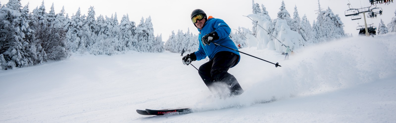 A skier wearing a blue jacket is descending a snowy slope, surrounded by snow-covered trees and ski lifts in the background.