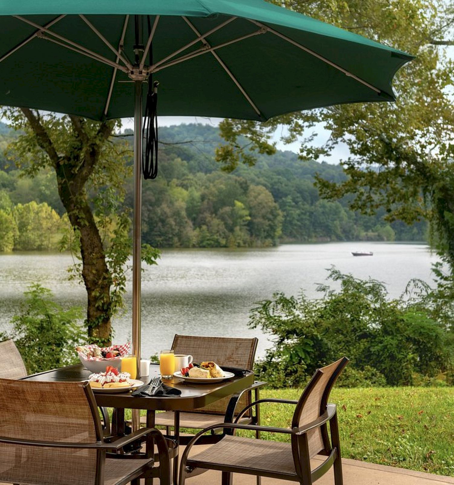 An outdoor dining setup with a table, chairs, and umbrella overlooking a lake and trees.